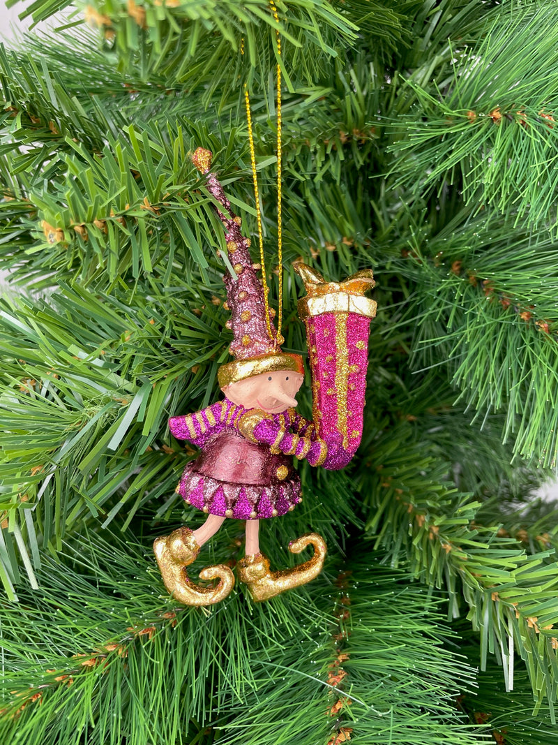 Kleiner Weihnachtsmann Elf Wichtel Gabenträger Weihnachten Deko Anhänger Christbaumschmuck 14 cm lila-flieder Gold mit Geschenk