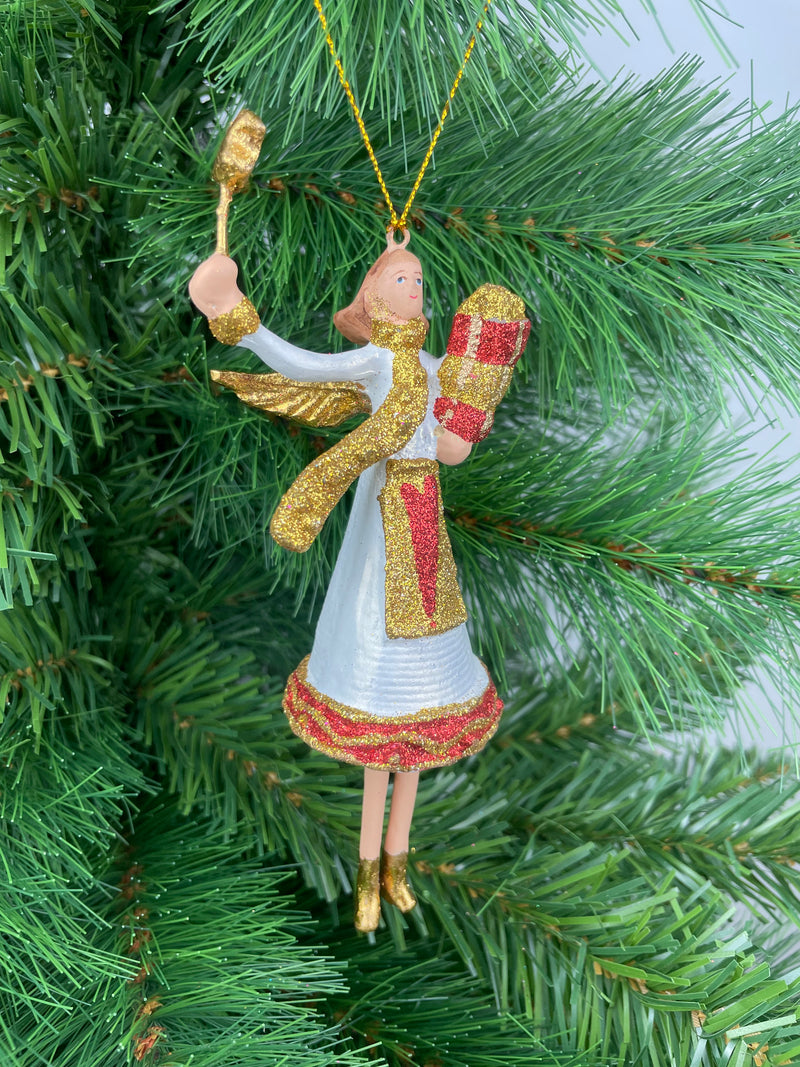 Christbaumschmuck  Engel in einem weiß-roten Kleid mit Stern und Geschenken Baumschmuck 15cm