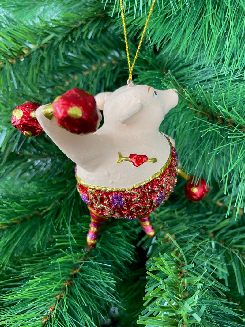 Christbaumschmuck Sportler Schwein mit Hanteln und Gewichtheberanzug in rot gold lila Fitnessstudio handbemalt Weihnachten Baumschmuck 12,5cm hoch