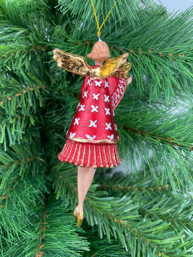 Christbaumschmuck Engel in einem rot-weißen Kleid  und einer goldenen Harfe Baumschmuck 14cm hoch