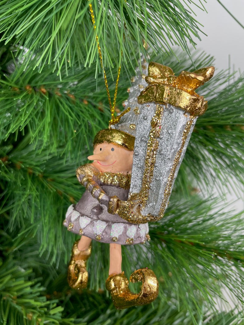 Kleiner Weihnachtsmann Elf Gabenträger Weihnachten Deko Anhänger Christbaumschmuck 13 cm Taupe Gold mit Geschenken