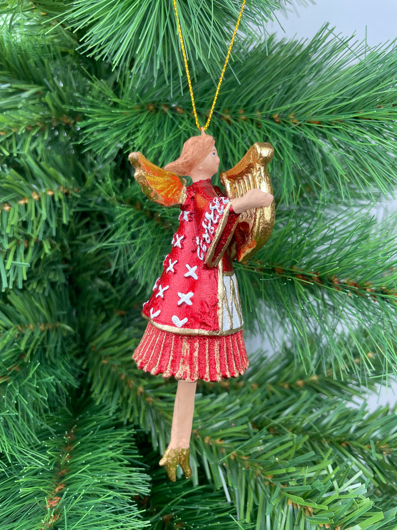 Christbaumschmuck Engel in einem rot-weißen Kleid  und einer goldenen Harfe Baumschmuck 14cm hoch