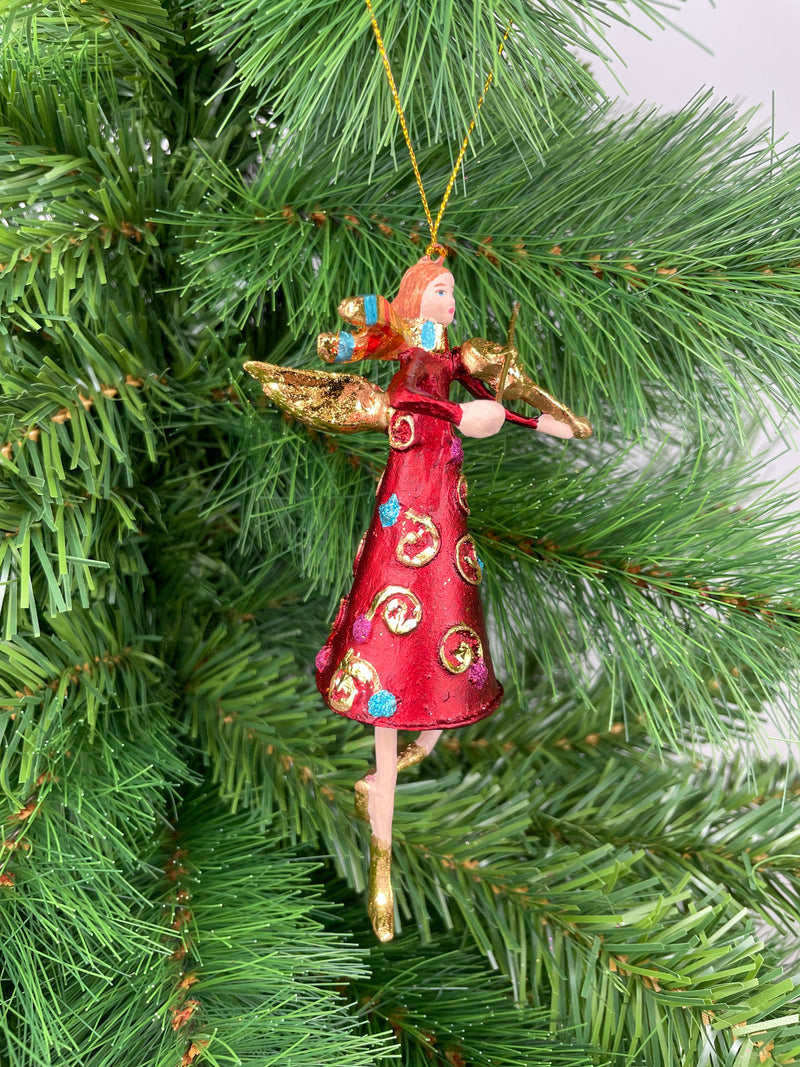 Christbaumschmuck  Engel mit Flügeln und Geige in rot-goldenem Kleid Baumschmuck 14cm