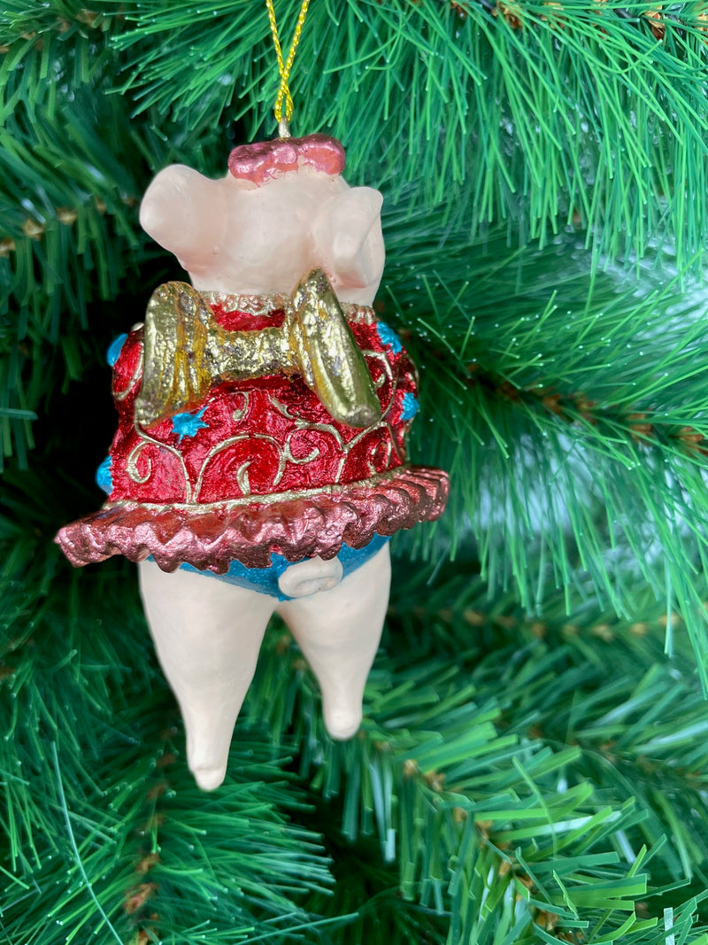 Christbaumschmuck Figur "Schwein mit Flügeln" Anhänger türkis-rot Weihnachten 10,5 cm