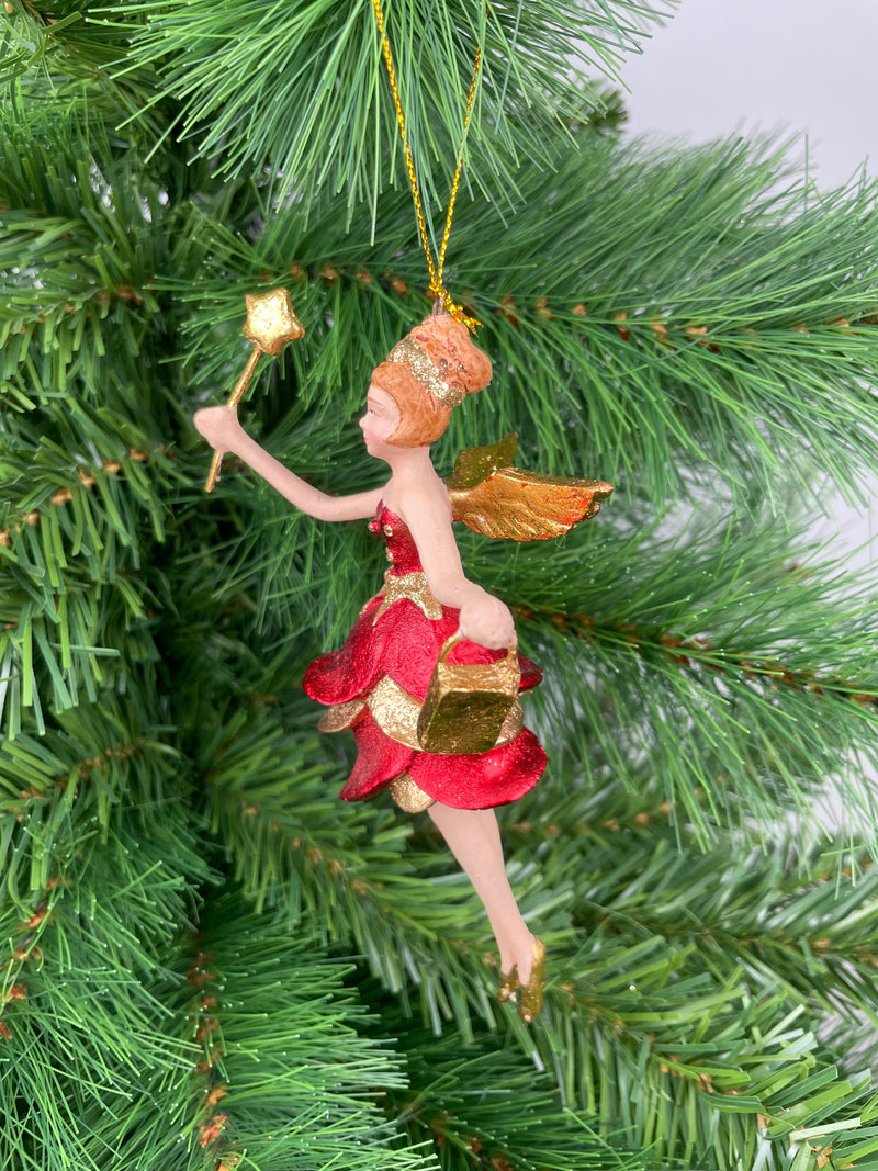 Christbaumschmuck Engel mit kurzem roten Kleid, goldener Tasche und Stern 16cm hoch Weihnachten Ornament rot-gold Anhänger