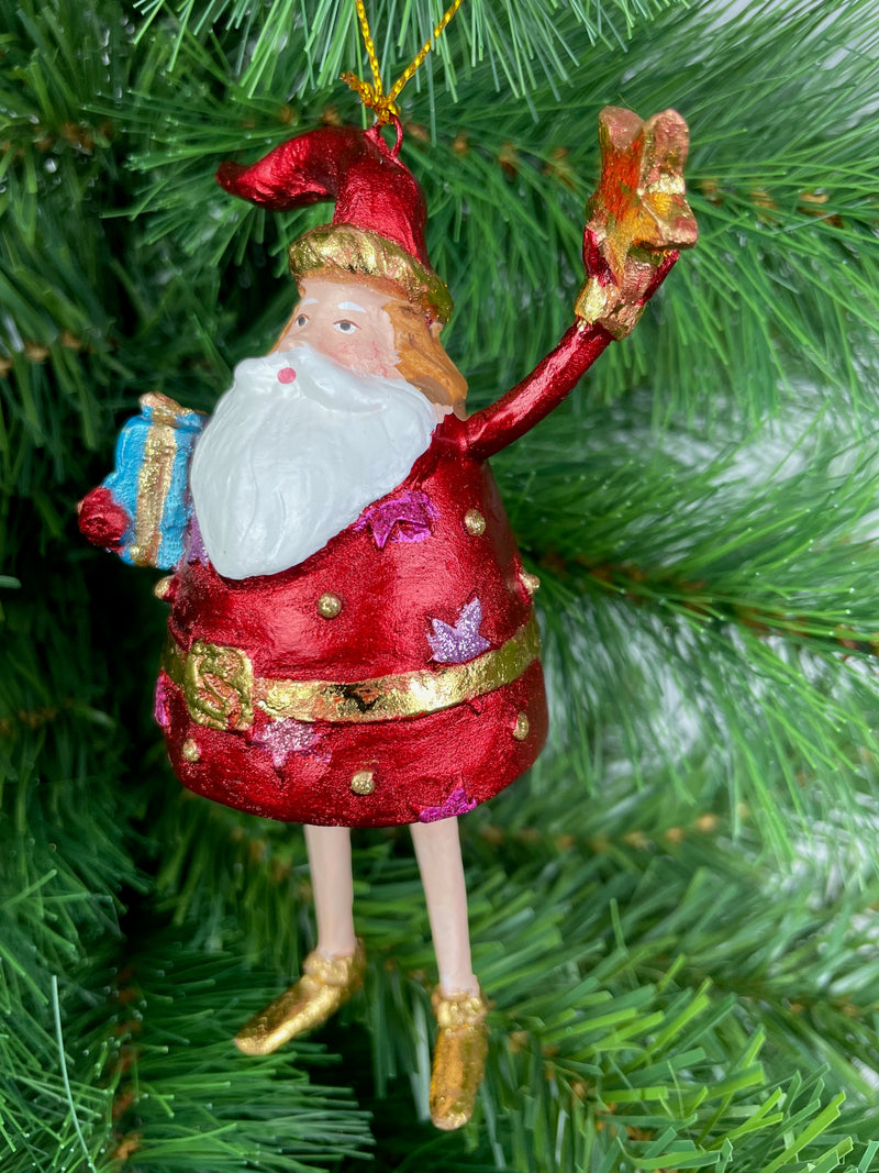 Weihnachtsmann Gabenträger dick Weihnachten Baumschmuck Figur Deko Hänger Christbaumschmuck 13 cm Rot Gold mit Stern und Geschenk