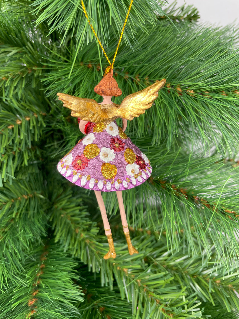 Christbaumschmuck Figur Engel mit langen Beinen und Herz Kleid geblümt Weihnachten Ornament lila-gold Hänger 12 cm