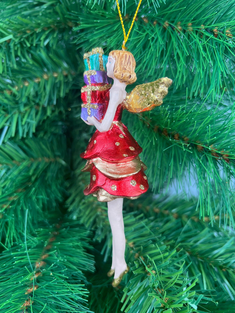 Christbaumschmuck Figur Engel rot-gold mit Geschenken und kurzem Kleid Ornament Weihnachten Baumschmuck 14cm