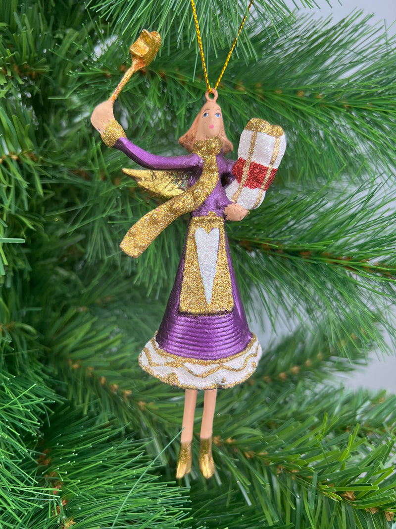 Christbaumschmuck Engel lila-weiß mit Stern und Geschenken Baumschmuck 15cm hoch