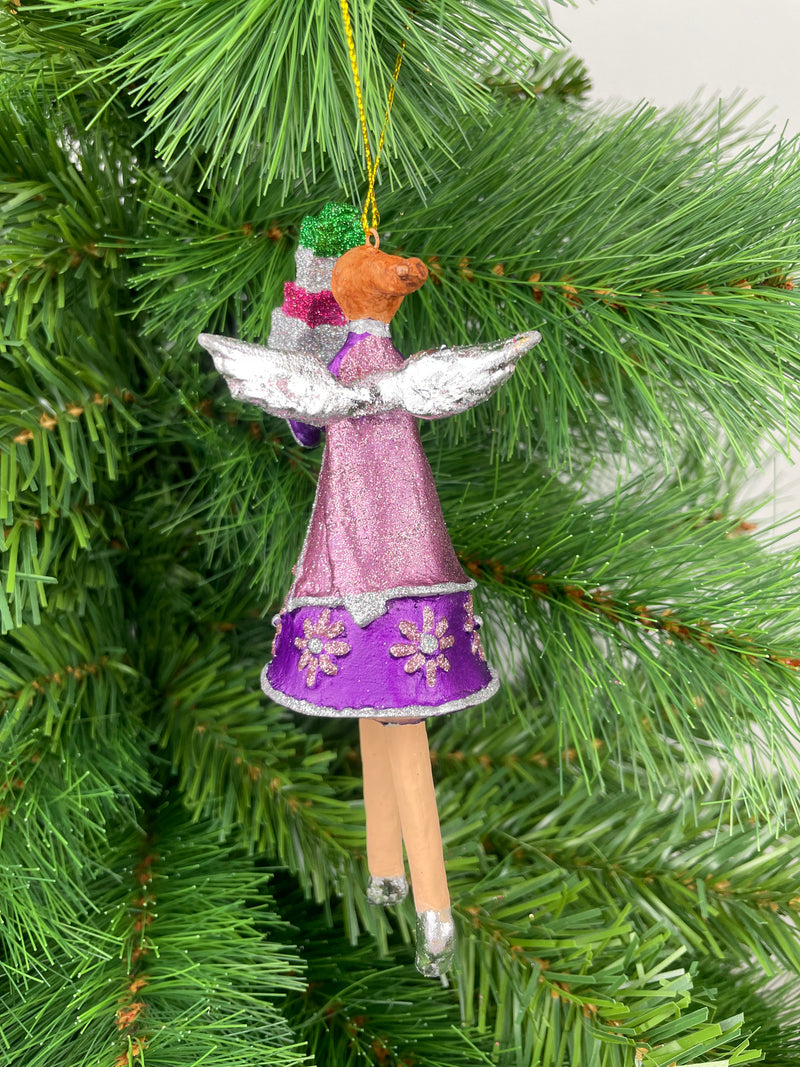 Christbaumschmuck  Engel in einem lila-rosa Kleid mit Geschenken Ornament Anhänger Baumschmuck 15cm