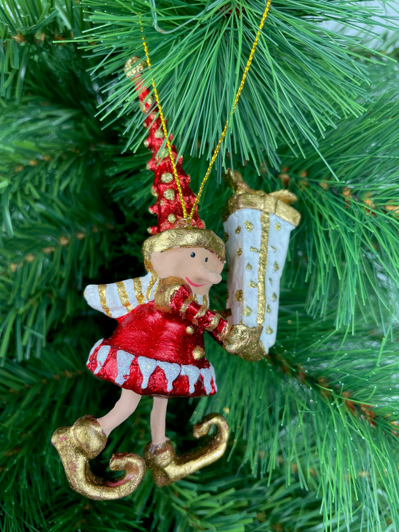 Kleiner Weihnachtsmann Elf Wichtel Gabenträger Weihnachten Deko Christbaumschmuck 14 cm Rot Weiß Gold mit Geschenk