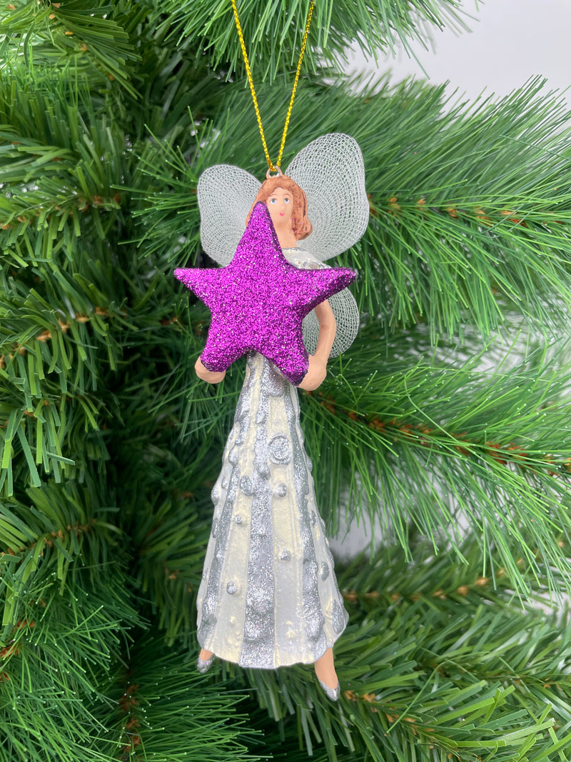 Christbaumschmuck  Engel mit lila Stern und einem silbernen Kleid 16cm hoch Weihnachten Anhänger Ornament