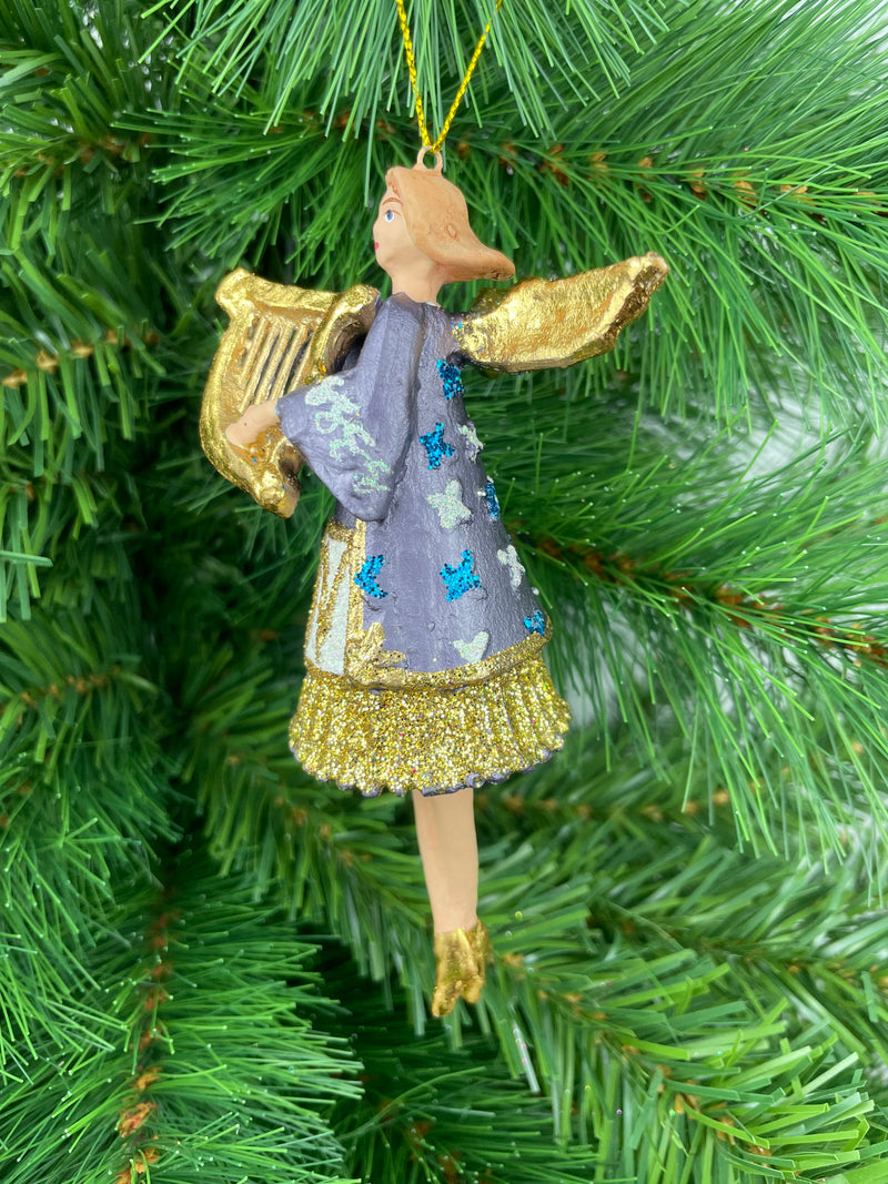 Christbaumschmuck Figur Enge lila blau-weiß-gold mit Harfe Hänger Baumschmuck 15cm hoch