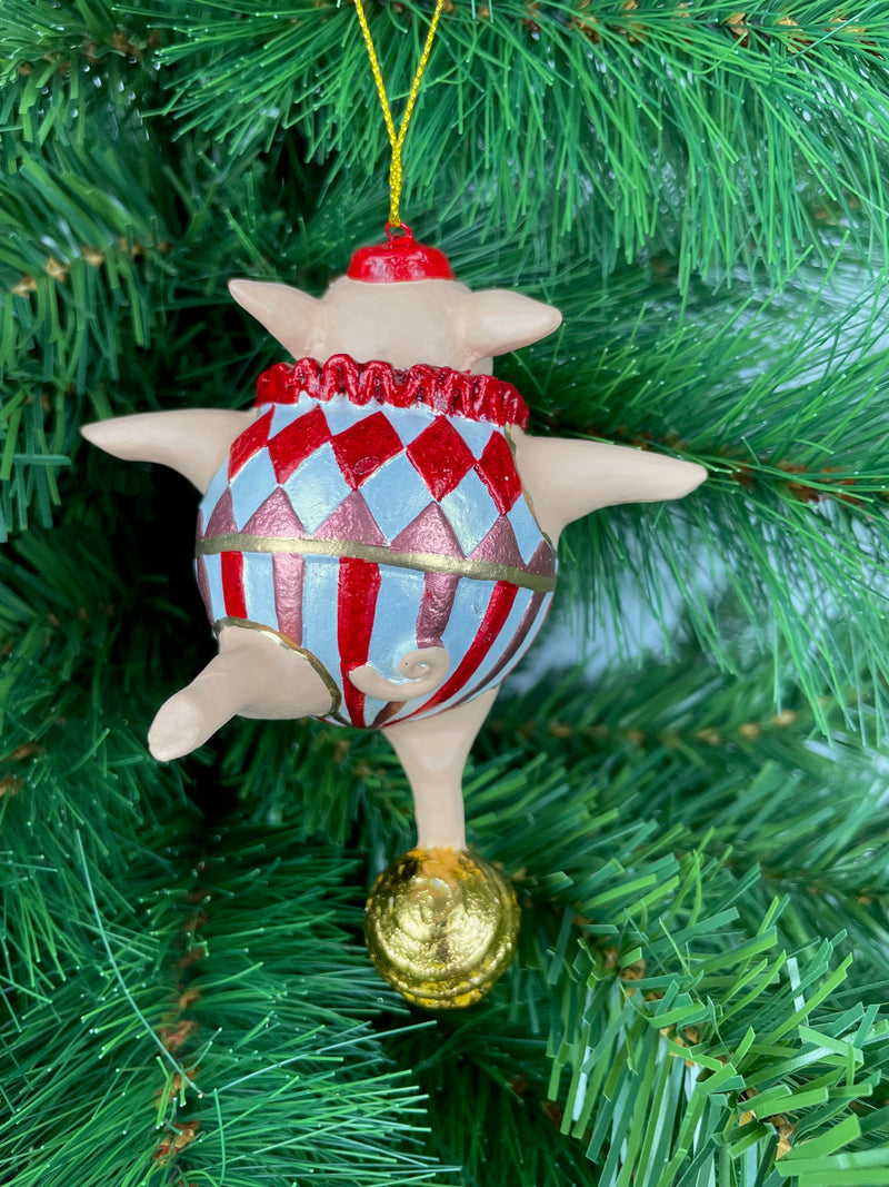 Christbaumschmuck Sportler Schwein auf goldenem Ball Fitnessstudio handbemalt Weihnachten Baumschmuck Deko Hänger Christbaumschmuck 12,5 cm (weiß-rot)