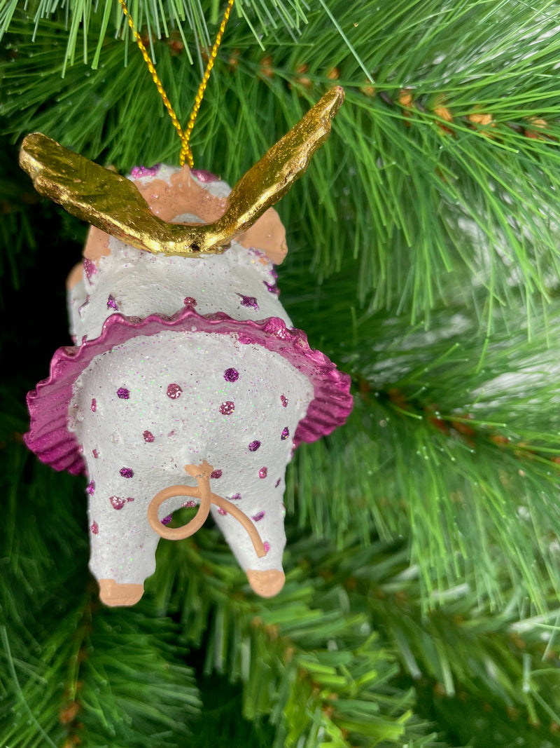 Christbaumschmuck Ballerina Schwein mit Flügeln und Stern in weiß-lila-gold mit Stern 10cm