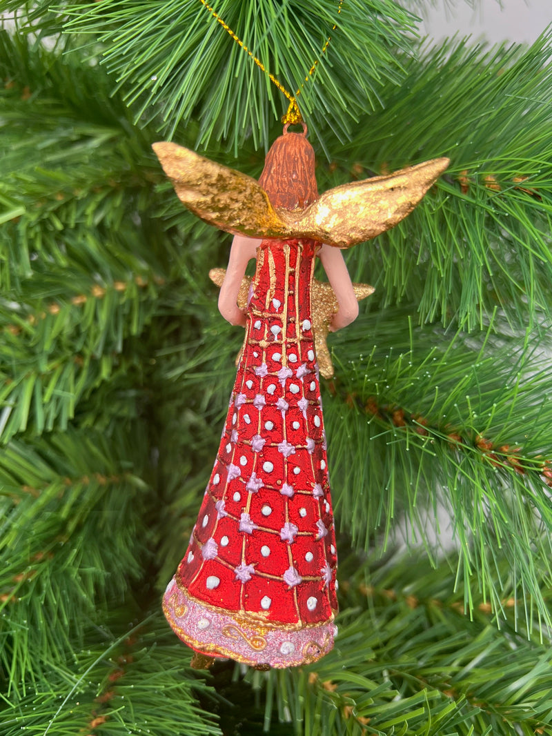 Christbaumschmuck Figur Engel rot-gold mit Stern und langem verzierten Kleid Anhänger Weihnachten Baumschmuck 13cm