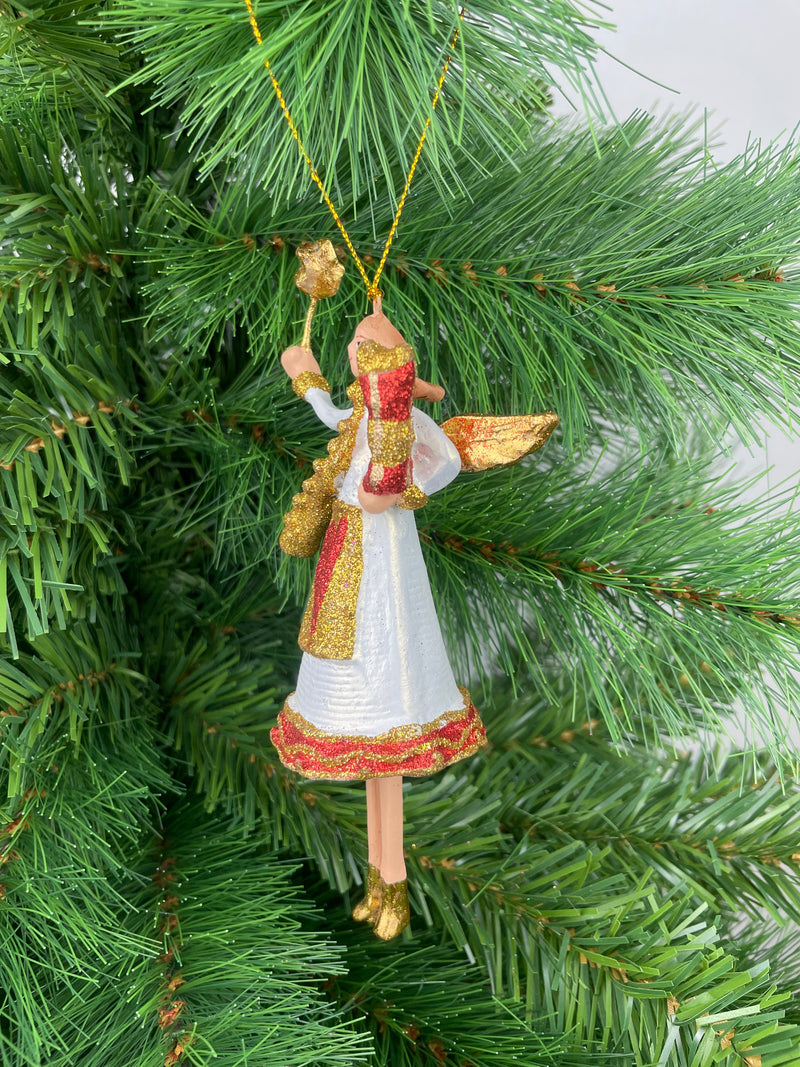 Christbaumschmuck  Engel in einem weiß-roten Kleid mit Stern und Geschenken Baumschmuck 15cm