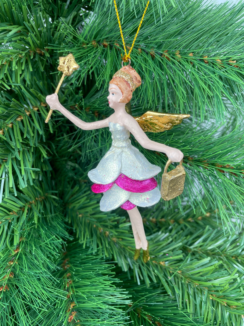 Christbaumschmuck Engel mit goldenem Stern und Tasche in einem pink-weißen Kleid 16 cm