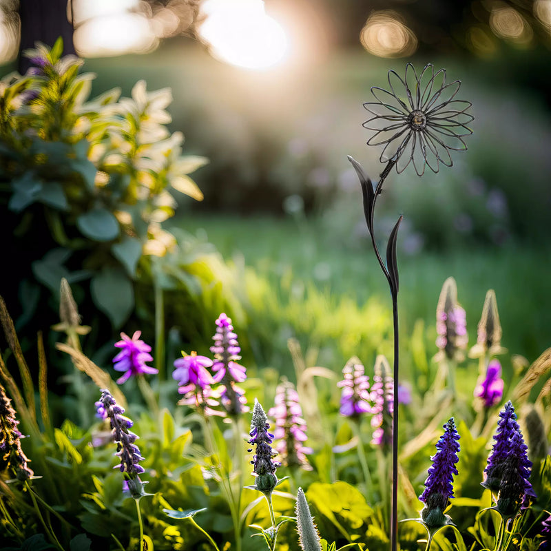 Deko Blumenstecker Blume mit silberner Kugel in der Mitte Stecker Bodenstecker Gartendeko Stab schwarz lackiert Beetstecker 90 cm hoch