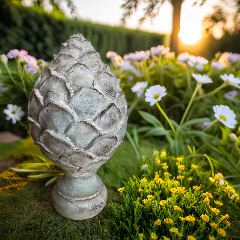 Gartendeko Zapfen groß Landhaus Figur Skulptur Statue Sockel Fuß Zement grau-blau massiv Beet 34 cm hoch