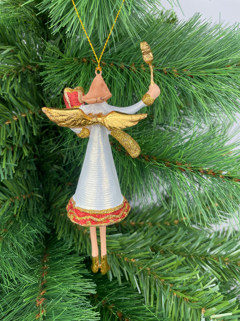 Christbaumschmuck  Engel in einem weiß-roten Kleid mit Stern und Geschenken Baumschmuck 15cm