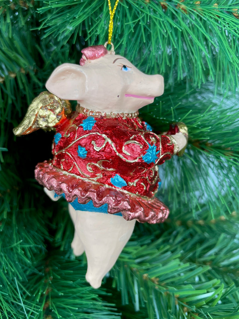 Christbaumschmuck Figur "Schwein mit Flügeln" Anhänger türkis-rot Weihnachten 10,5 cm