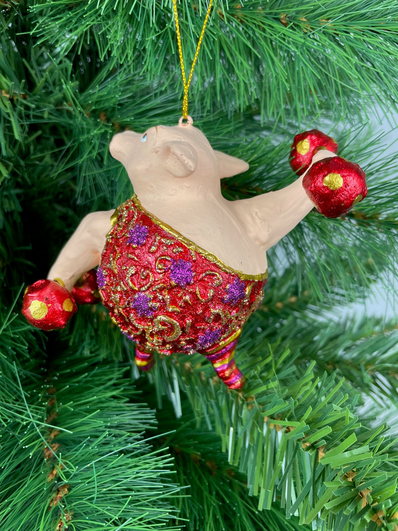 Christbaumschmuck Sportler Schwein mit Hanteln und Gewichtheberanzug in rot gold lila Fitnessstudio handbemalt Weihnachten Baumschmuck 12,5cm hoch