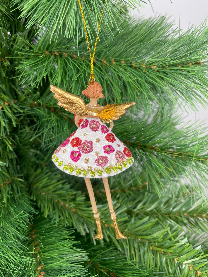 Christbaumschmuck Figur Engel mit langen Beinen und Herz Kleid geblümt Weihnachten Ornament weiß-gold Hänger 12 cm