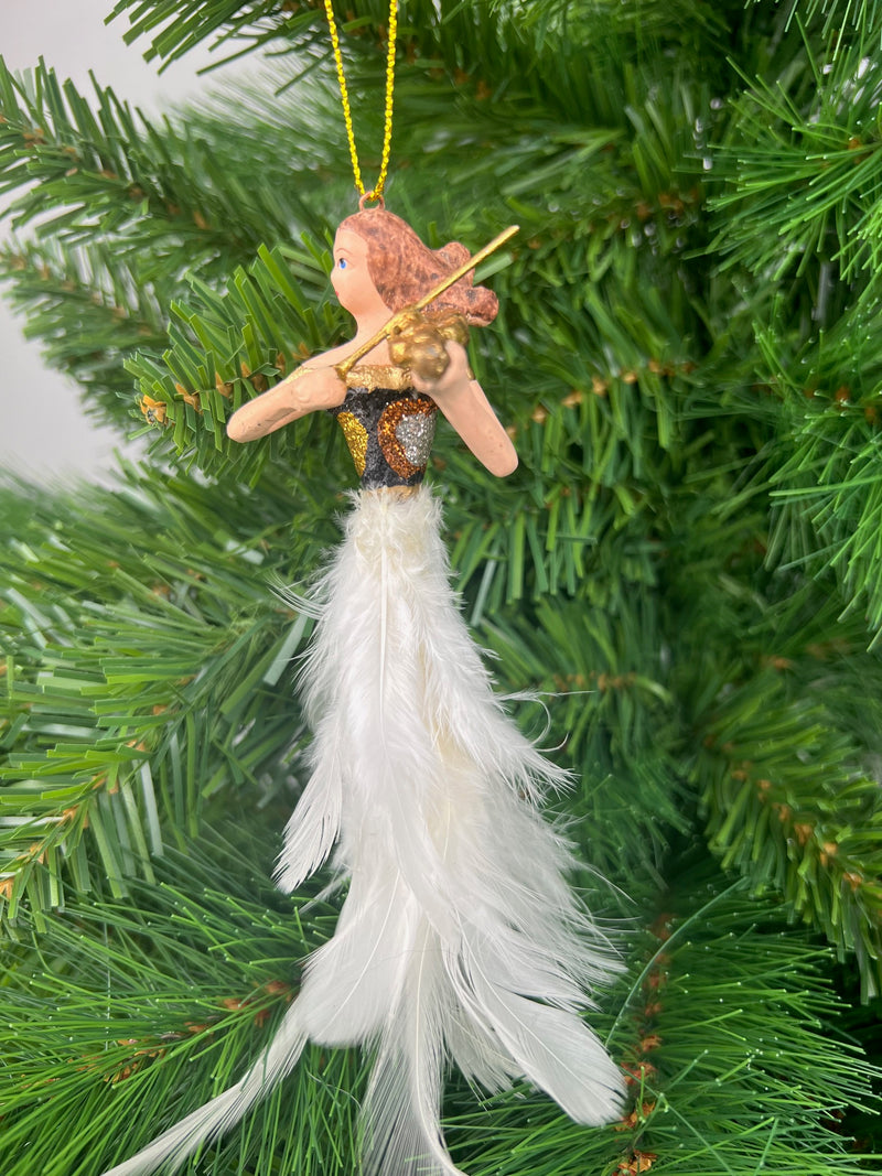 Christbaumschmuck Engel mit Geige und Federkleid weiß-gold-schwarz Baumschmuck 16cm