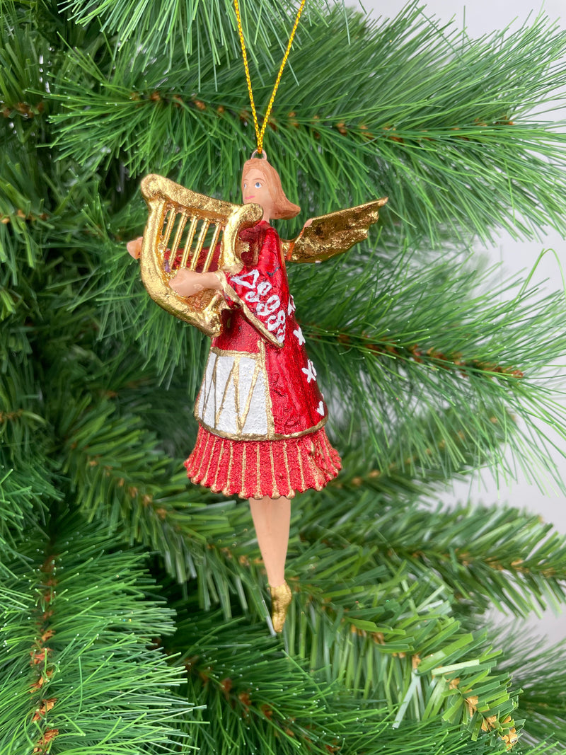 Christbaumschmuck Engel in einem rot-weißen Kleid  und einer goldenen Harfe Baumschmuck 14cm hoch