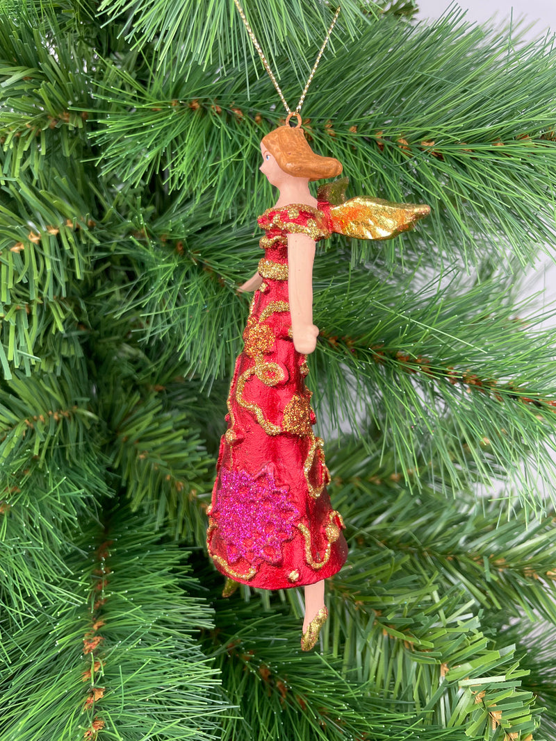 Christbaumschmuck Engel mit Flügeln in einem rot- gold verzierten Kleid  Baumschmuck 16cm