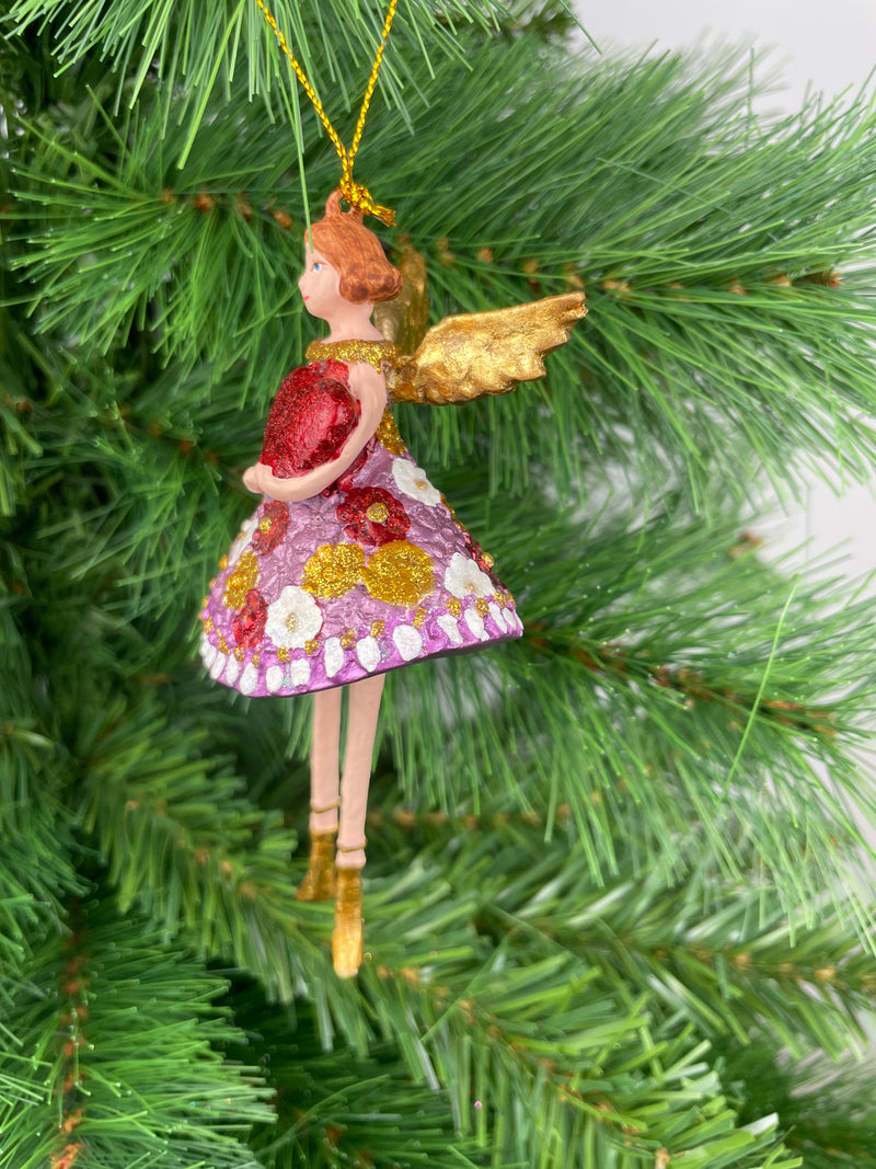 Christbaumschmuck Figur Engel mit langen Beinen und Herz Kleid geblümt Weihnachten Ornament lila-gold Hänger 12 cm