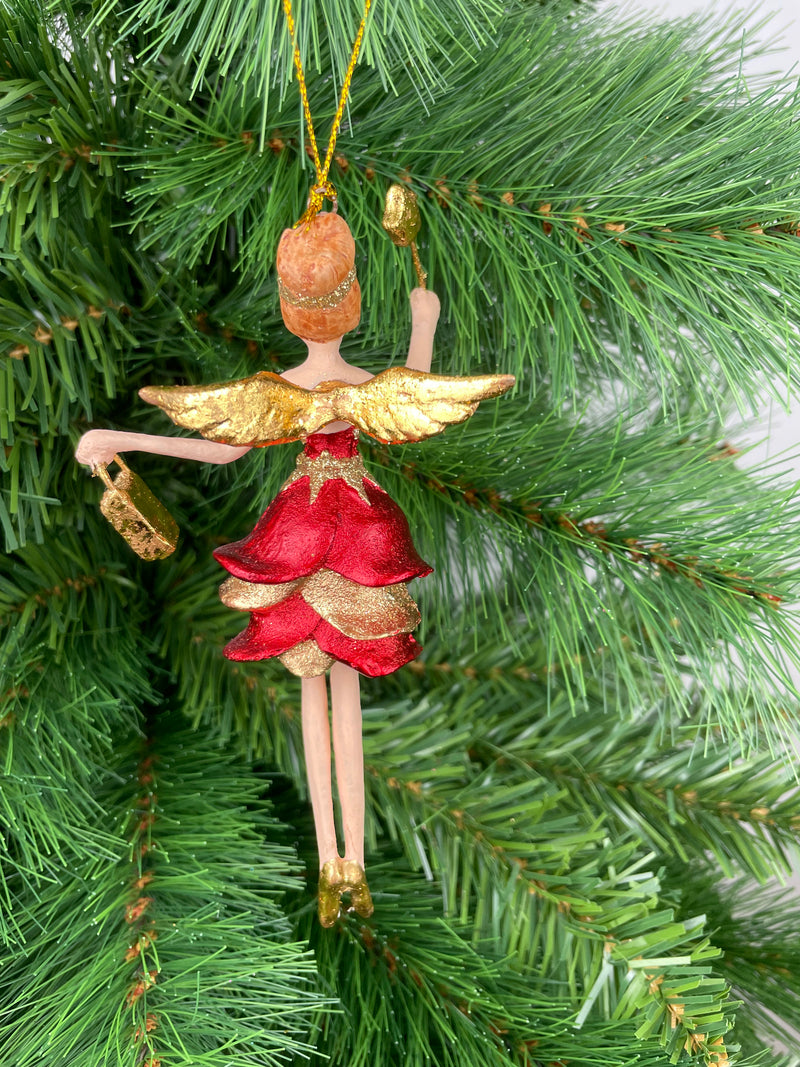 Christbaumschmuck Engel mit kurzem roten Kleid, goldener Tasche und Stern 16cm hoch Weihnachten Ornament rot-gold Anhänger