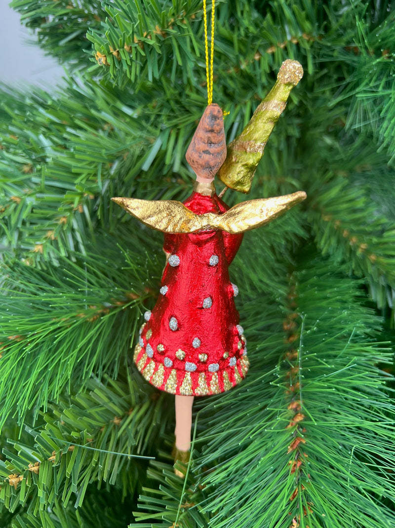 Christbaumschmuck Engel in einem rot-silber-goldenen Kleid und Bäumchen Baumschmuck 15cm