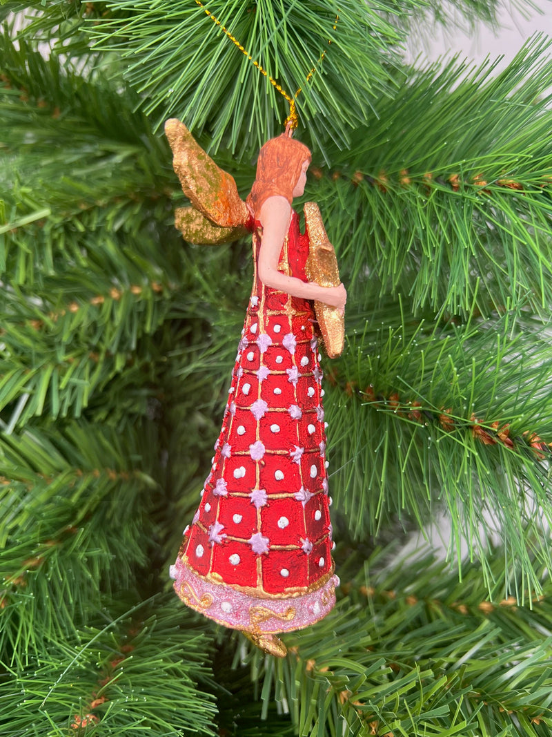 Christbaumschmuck Figur Engel rot-gold mit Stern und langem verzierten Kleid Anhänger Weihnachten Baumschmuck 13cm