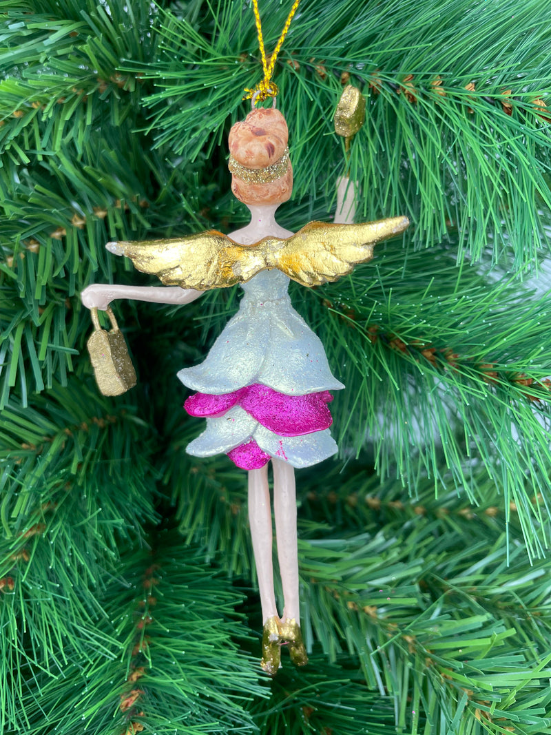 Christbaumschmuck Engel mit goldenem Stern und Tasche in einem pink-weißen Kleid 16 cm