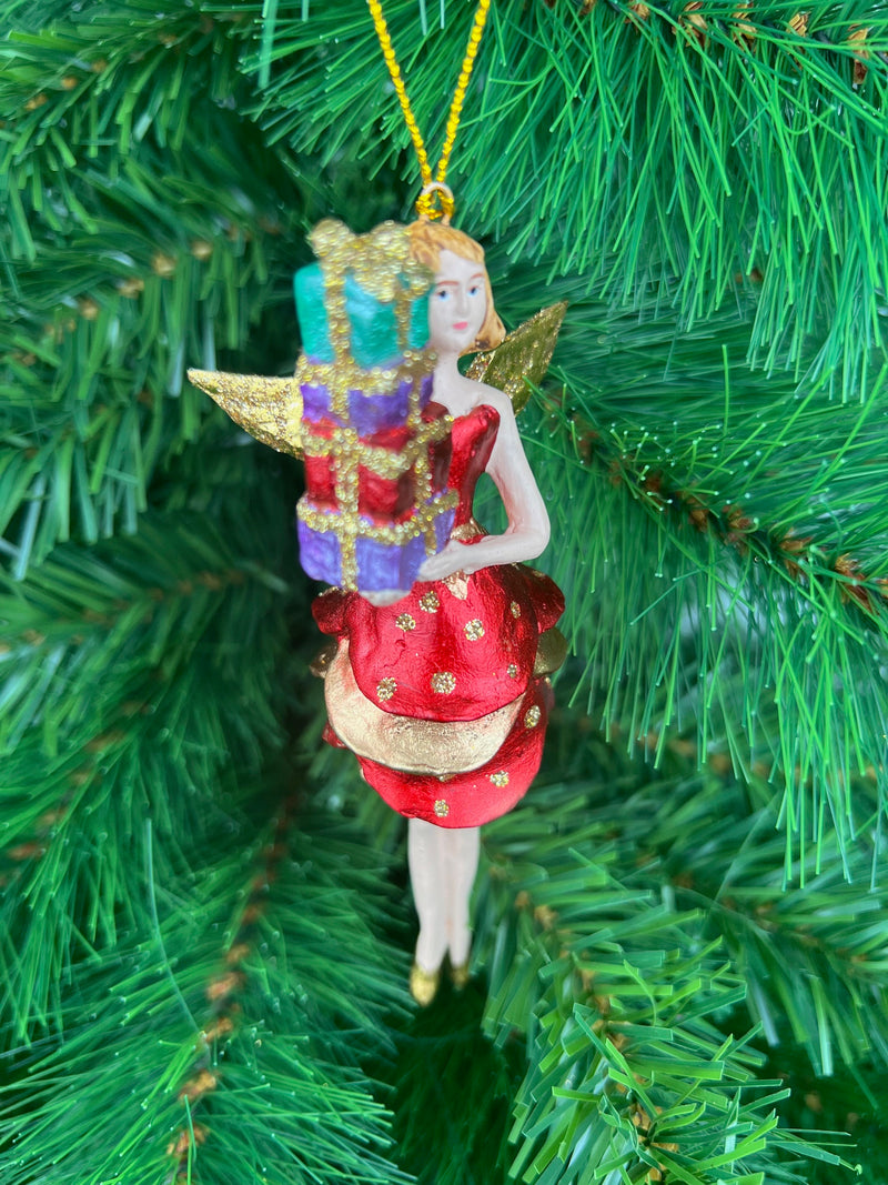 Christbaumschmuck Figur Engel rot-gold mit Geschenken und kurzem Kleid Ornament Weihnachten Baumschmuck 14cm