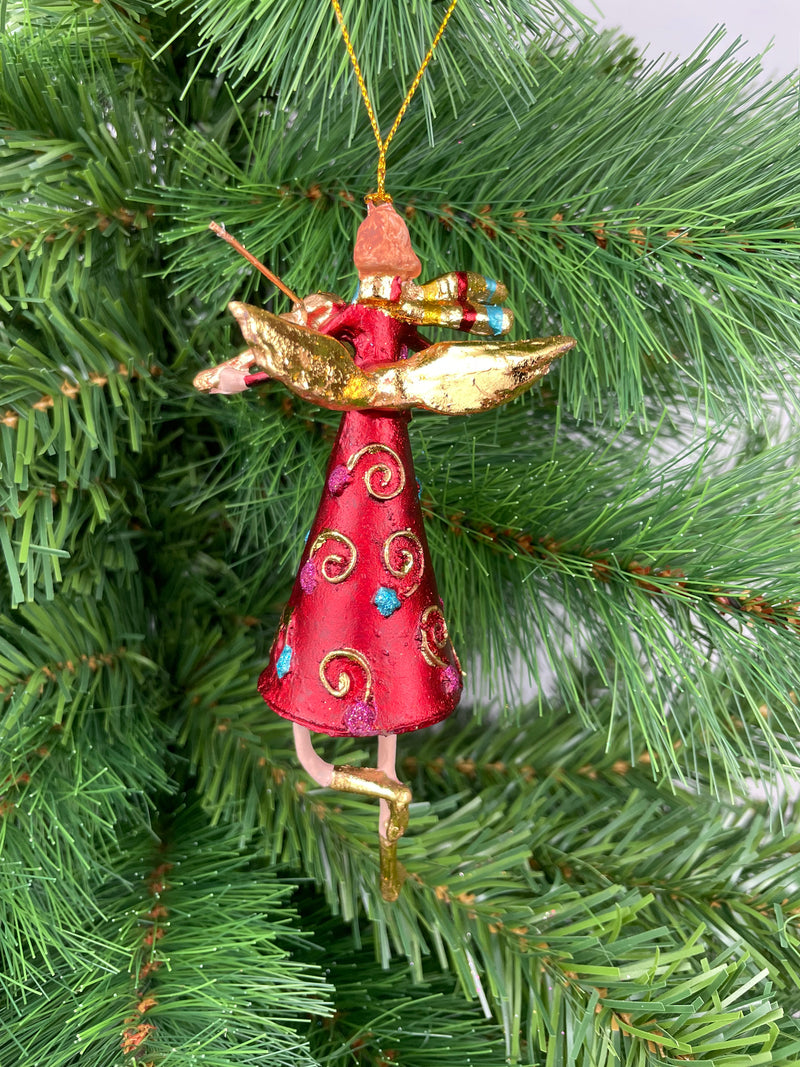 Christbaumschmuck  Engel mit Flügeln und Geige in rot-goldenem Kleid Baumschmuck 14cm