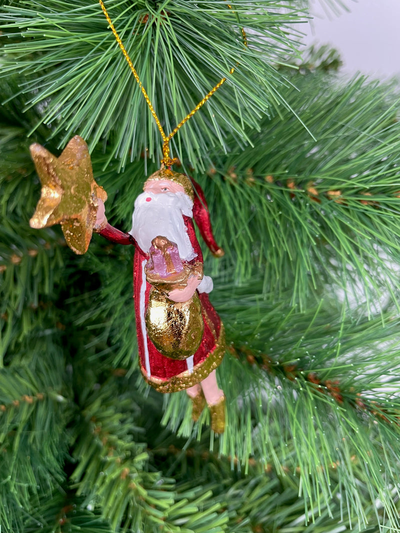 Weihnachtsmann Gabenträger Weihnachten Baumschmuck Figur Deko Hänger Christbaumschmuck 12 cm Rot Gold mit Stern und Säckchen