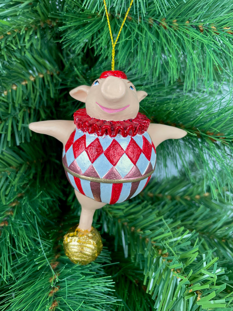 Christbaumschmuck Sportler Schwein auf goldenem Ball Fitnessstudio handbemalt Weihnachten Baumschmuck Deko Hänger Christbaumschmuck 12,5 cm (weiß-rot)