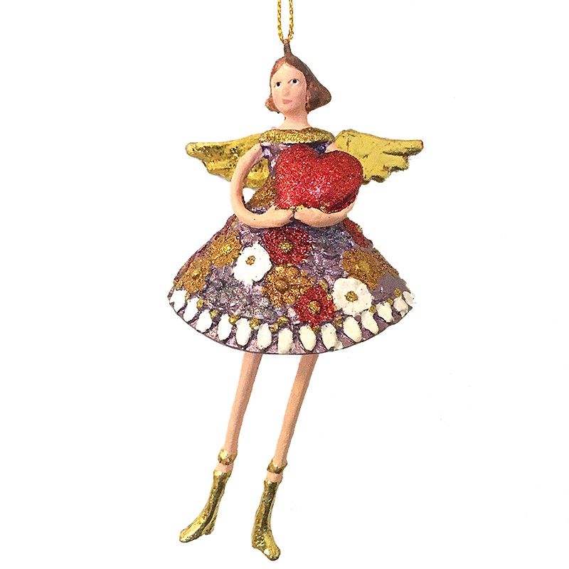 Christbaumschmuck Figur Engel mit langen Beinen und Herz Kleid geblümt Weihnachten Ornament lila-gold Hänger 12 cm