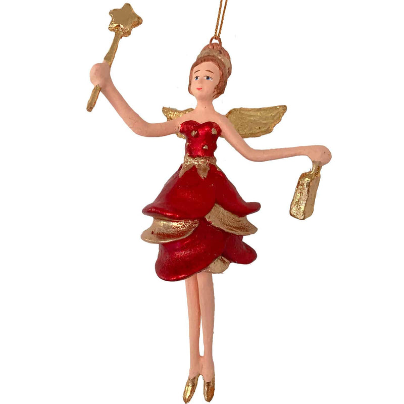 Christbaumschmuck Engel mit kurzem roten Kleid, goldener Tasche und Stern 16cm hoch Weihnachten Ornament rot-gold Anhänger