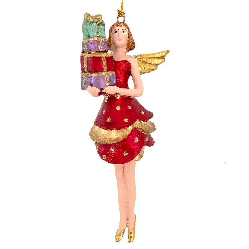 Christbaumschmuck Figur Engel rot-gold mit Geschenken und kurzem Kleid Ornament Weihnachten Baumschmuck 14cm