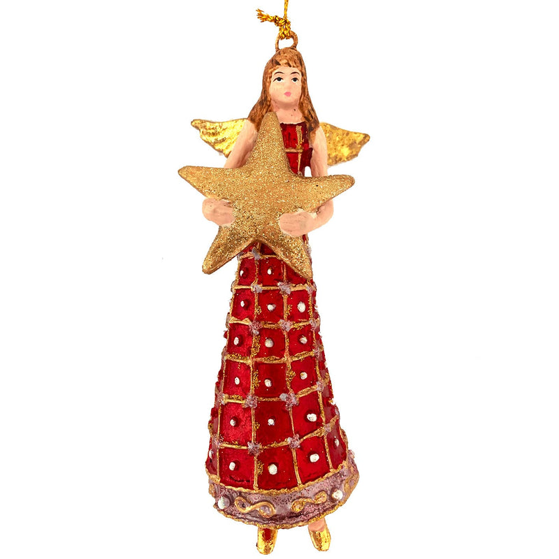 Christbaumschmuck Figur Engel rot-gold mit Stern und langem verzierten Kleid Anhänger Weihnachten Baumschmuck 13cm