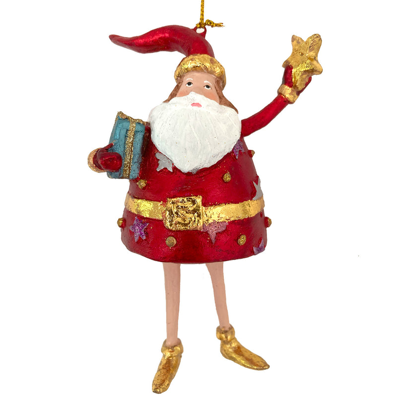 Weihnachtsmann Gabenträger dick Weihnachten Baumschmuck Figur Deko Hänger Christbaumschmuck 13 cm Rot Gold mit Stern und Geschenk