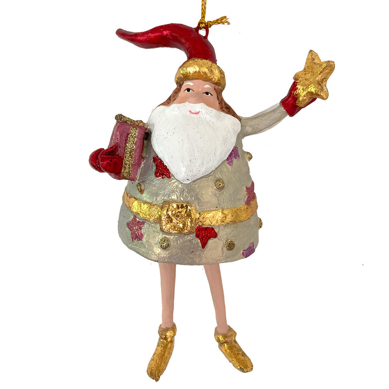 Weihnachtsmann Gabenträger dick Weihnachten Baumschmuck Figur Deko Hänger Christbaumschmuck 13 cm Gold mit Stern und Geschenk