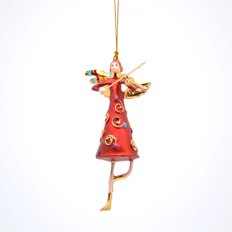 Christbaumschmuck  Engel mit Flügeln und Geige in rot-goldenem Kleid Baumschmuck 14cm