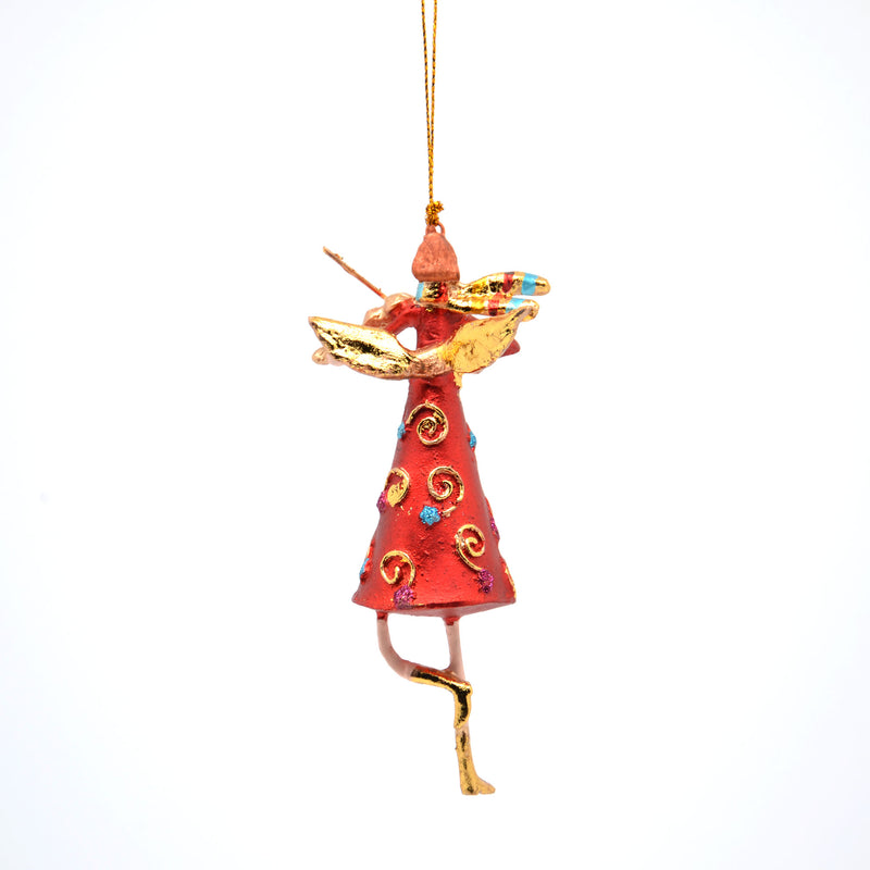 Christbaumschmuck  Engel mit Flügeln und Geige in rot-goldenem Kleid Baumschmuck 14cm