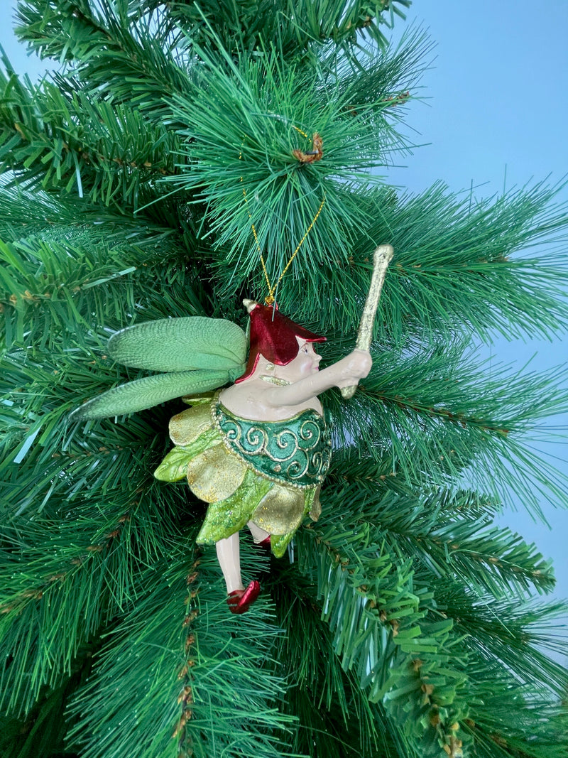 Pummelelfe Baumschmuck Figur "Dicke Elfe" Fee grün-gold Hänger Ostern Frühling Weihnachten 15cm