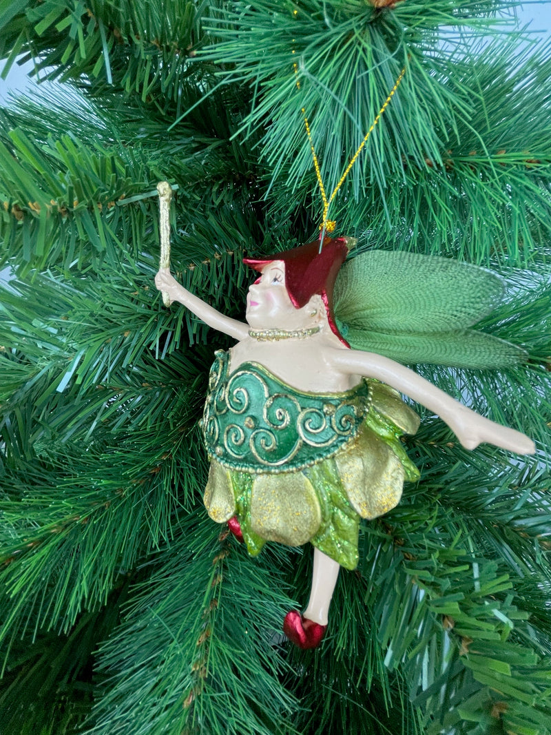 Pummelelfe Baumschmuck Figur "Dicke Elfe" Fee grün-gold Hänger Ostern Frühling Weihnachten 15cm